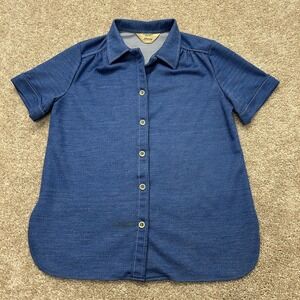 Vintage JCPenney Fashions Shirt Womens Large Blue Jersey Button Short Sleeve